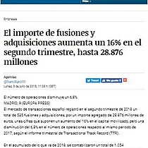 El importe de fusiones y adquisiciones aumenta un 16% en el segundo trimestre, hasta 28.876 millones